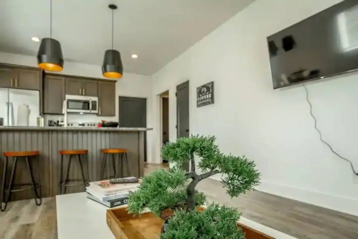 The image showcases a bright, modern kitchen with a central island topped by stylish pendant lights. A cozy plant adds warmth, while an inviting living area with a large TV is visible in the background, suggesting a space perfect for gathering, relaxing, and enjoying home-cooked meals.